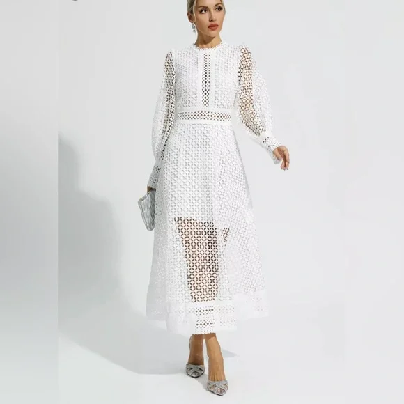 NWT Monroe White Hollow Long Sleeve Maxi Dress - Picture 2 of 4